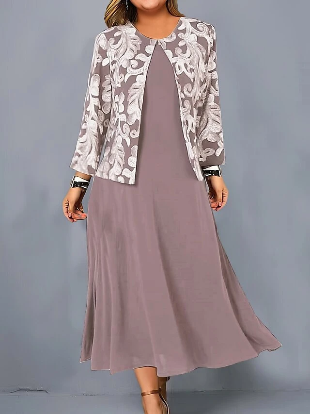 Women's Plus Size Curve Casual Dress Dress Set Two Piece Dress Floral Midi Dress Long Sleeve Print Crew Neck Mature Outdoor Blue Purple Fall Winter L XL XXL 3XL 4XL 2 Women's Plus Size Curve Casual Dress Dress Set Two Piece Dress Floral Midi Dress Long Sleeve Print Crew Neck Mature Outdoor Blue Purple Fall Winter L XL XXL 3XL 4XL - Image 2