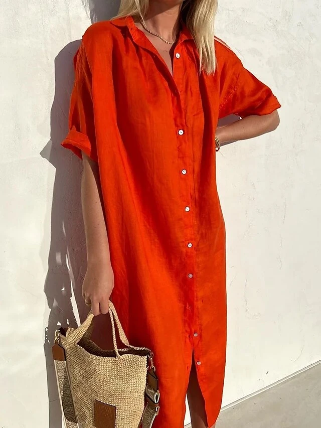 Women's Shirt Dress Casual Dress Midi Dress Daily Cotton Casual Shirt Collar Button Short Sleeve Summer Spring Fall 2023 Loose Fit ArmyGreen Black Red Plain XS S M L XL 2 Women's Shirt Dress Casual Dress Midi Dress Daily Cotton Casual Shirt Collar Button Short Sleeve Summer Spring Fall 2023 Loose Fit ArmyGreen Black Red Plain XS S M L XL - Image 2