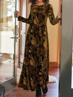 Women's Casual Dress Velvet Dress Winter Dress Floral Pocket Print Crew Neck Long Dress Maxi Dress Fashion Streetwear Outdoor Daily Long Sleeve Loose Fit Yellow Wine Blue Fall Winter S M L XL XXL -Casual Print Dress Sales munzjl1695897156373