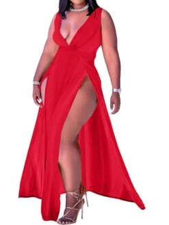 Women‘s Plus Size Curve Holiday Dress Solid Color V Neck Ruched Sleeveless Spring Summer Prom Dress Maxi Long Dress Daily Holiday Dress Split -Casual Print Dress Sales mvhirj1641980953612