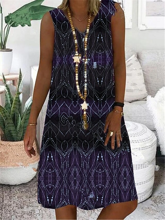 Women's Shift Dress Midi Dress Blue Purple Green Sleeveless Geometric Print Summer Spring V Neck Casual 2023 S M L XL XXL 3XL 4XL 5XL 2 Women's Shift Dress Midi Dress Blue Purple Green Sleeveless Geometric Print Summer Spring V Neck Casual 2023 S M L XL XXL 3XL 4XL 5XL - Image 2
