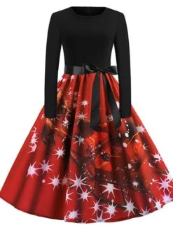 Women's Christmas Swing DressKnee Length Dress Green Blue Purple Red Long Sleeve Print Snowflake Bow Print Fall Winter Crew Neck Stylish 2022 S M L XL 2XL