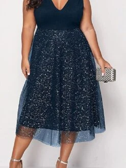 Women‘s Plus Size Curve Party Dress Solid Color V Neck Mesh Sleeveless Spring Fall Elegant Sexy Sequins Prom Dress Midi Dress Formal Party Dress Sequin Dress Homecoming Dress Print -Casual Print Dress Sales mweefw1648866352783