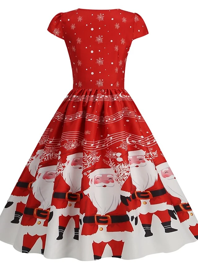 Women's Christmas Swing Dress Vintage DressKnee Length Dress Blue Wine Red Light BlueShort Sleeve Santa Claus Snowman Tree Print Fall Winter Square Neck Vintage Elegant Slim 2022 S M L XL 4 Women's Christmas Swing Dress Vintage DressKnee Length Dress Blue Wine Red Light BlueShort Sleeve Santa Claus Snowman Tree Print Fall Winter Square Neck Vintage Elegant Slim 2022 S M L XL - Image 4