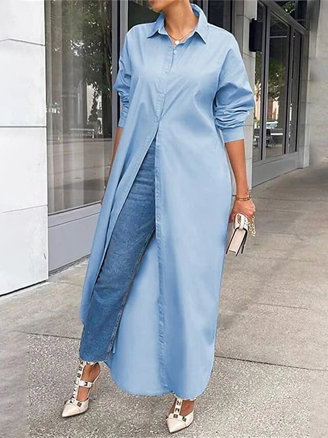 Women's Shirt Dress Casual Dress Midi Dress Outdoor Daily Vacation Polyester Fashion Modern Shirt Collar Split Long Sleeve Fall Winter 2023 Loose Fit Black White Yellow Plain S M L XL XXL 1 Women's Shirt Dress Casual Dress Midi Dress Outdoor Daily Vacation Polyester Fashion Modern Shirt Collar Split Long Sleeve Fall Winter 2023 Loose Fit Black White Yellow Plain S M L XL XXL