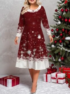 Women's Plus Size Curve Casual Dress Winter Dress Skater Dress Snowflake Midi Dress Long Sleeve Print Crew Neck Fashion Outdoor White Wine Fall Winter L XL XXL 3XL 4XL