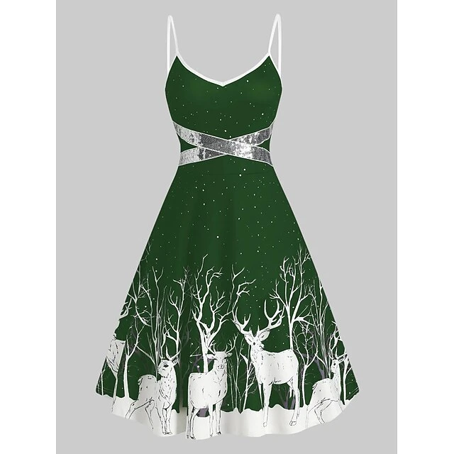Women's Christmas Strap DressKnee Length Dress Green Black Red Sleeveless Animal Sequins Patchwork Print Spring Summer V Neck Hot Party 2022 S M L XL XXL 3XL 8 Women's Christmas Strap DressKnee Length Dress Green Black Red Sleeveless Animal Sequins Patchwork Print Spring Summer V Neck Hot Party 2022 S M L XL XXL 3XL - Image 8