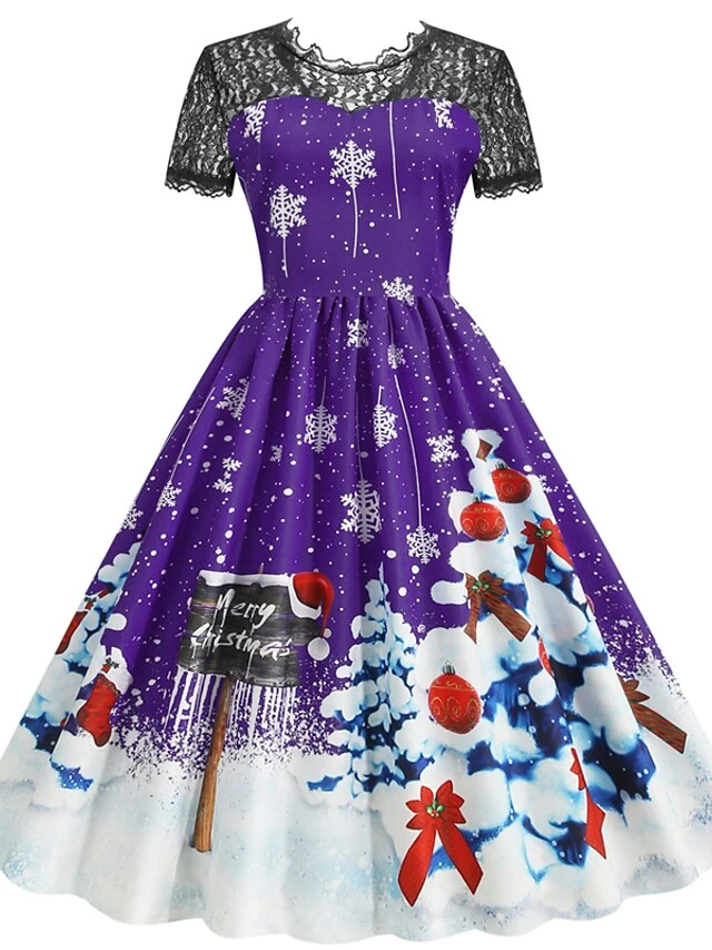 Women's Christmas Casual Dress Swing Dress Midi Dress Blue Purple Red Short Sleeve Tree Lace Print Winter Fall Crew Neck Vacation Vintage 2022 S M L XL XXL 3XL 3 Women's Christmas Casual Dress Swing Dress Midi Dress Blue Purple Red Short Sleeve Tree Lace Print Winter Fall Crew Neck Vacation Vintage 2022 S M L XL XXL 3XL - Image 3