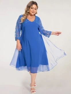 Women‘s Plus Size Curve Party Dress Lace Dress Work Dress Midi Dress Blue 3/4 Length Sleeve Pure Color Lace Summer Spring Fall V Neck Fashion Wedding Guest Summer Dress 2023 L XL XXL 3XL 4XL 5XL