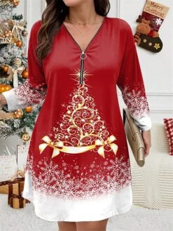 Women's Plus Size Curve Christmas Dress Casual Dress Winter Dress Christmas Tree Snowflake Mini Dress Long Sleeve Print V Neck Fashion Outdoor Black Wine Fall Winter L XL 2XL 3XL 4XL