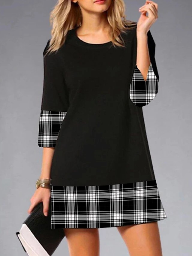 Women's Work Dress Semi Formal Dress Fashion Mini Dress Print Crew Neck 3/4 Length Sleeve Plaid Stripe Regular Fit Black White Brown Summer Spring S M L XL XXL 2 Women's Work Dress Semi Formal Dress Fashion Mini Dress Print Crew Neck 3/4 Length Sleeve Plaid Stripe Regular Fit Black White Brown Summer Spring S M L XL XXL - Image 2