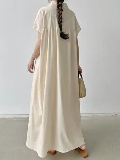 Women's Shirt Dress Casual Dress Maxi Long Dress Outdoor Daily Cotton Linen Basic Classic Shirt Collar Button Short Sleeve Summer Spring 2023 Loose Fit Navy Blue Brown Green Pure Color S M L XL XXL -Casual Print Dress Sales mxyyyz1688542124265