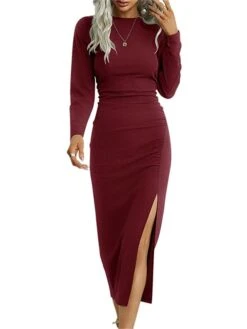 Women's Casual Dress Bodycon Sheath Dress Midi Dress Split Daily Date Going Out Fashion Basic Crew Neck Long Sleeve 2023 Regular Fit Black Wine Blue Color S M L XL XXL Size