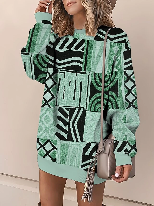 Women's Casual Dress Sweatshirt Dress Mini Dress Warm Daily Outdoor Vacation Going Out Crew Neck Print Geometric Loose Fit Blue Brown Green S M L XL XXL 3 Women's Casual Dress Sweatshirt Dress Mini Dress Warm Daily Outdoor Vacation Going Out Crew Neck Print Geometric Loose Fit Blue Brown Green S M L XL XXL - Image 3