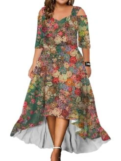 Women‘s Plus Size Curve Party Dress Wedding Guest Dress Swing Dress Long Dress Maxi Dress Black Pink Red 3/4 Length Sleeve Floral Cold Shoulder Summer Spring Fall V Neck Fashion Birthday Wedding Guest -Casual Print Dress Sales mzgqge1690428423108