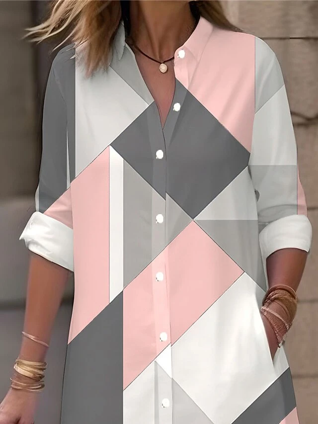 Women's Shirt Dress Casual Dress Midi Dress Outdoor Office Daily Polyester Fashion Modern Shirt Collar Button Pocket Long Sleeve Fall Winter 2023 Loose Fit Pink Geometric Striped S M L XL 2XL 2 Women's Shirt Dress Casual Dress Midi Dress Outdoor Office Daily Polyester Fashion Modern Shirt Collar Button Pocket Long Sleeve Fall Winter 2023 Loose Fit Pink Geometric Striped S M L XL 2XL - Image 2