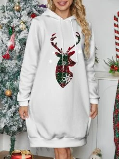 Women's Christmas Dress Hoodie Dress Mini Dress Warm Fashion Outdoor Christmas Holiday Hoodie Print Reindeer Snowflake Loose Fit Black White Wine S M L XL XXL -Casual Print Dress Sales nafgkz1697633974050