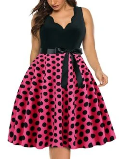 Women's Plus Size Curve Party Dress Polka Dot V Neck Bow Sleeveless Fall Spring Vintage 1950s Elegant Knee Length Dress Formal Party Dress