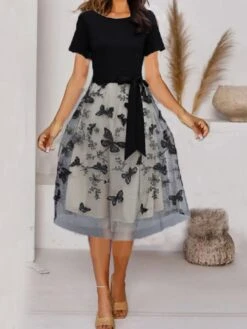 Women‘s Casual Dress Midi Dress Black Short Sleeve Butterfly Layered Spring Summer Crew Neck Active Party 2023 M L XL XXL XXXL