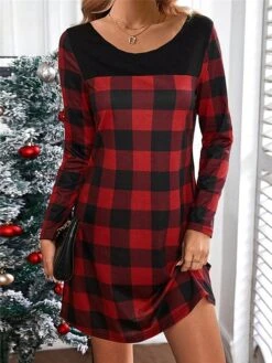 Women's Casual Dress Christmas Dress T Shirt Dress Tee Dress Plaid Print V Neck Mini Dress Fashion Streetwear Outdoor Christmas Long Sleeve Loose Fit Red Green Gray Fall S M L XL XXL