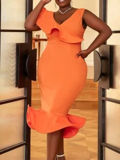 Women's Plus Size Curve Party Dress Bodycon Sheath Dress Plain Midi Dress Sleeveless Ruffle V Neck Fashion Party Orange Spring Fall XL XXL 3XL 4XL 18 Women's Plus Size Curve Party Dress Bodycon Sheath Dress Plain Midi Dress Sleeveless Ruffle V Neck Fashion Party Orange Spring Fall XL XXL 3XL 4XL -Casual Print Dress Sales nbdxas1694165776245