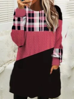 Women‘s Christmas Sweatshirt Dress Shift Dress Mini Dress Blue Pink Fuchsia Long Sleeve Plaid Pocket Winter Fall Autumn Crew Neck Loose Fit 2022 S M L XL XXL 3XL -Casual Print Dress Sales nbvhcg1667287121166