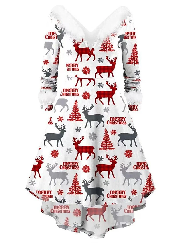 Women's Christmas Casual Dress Swing Dress Light Pink Wine Red White Black Long Sleeve Elk SnowmanTree Feather Print Winter Fall V Neck Vintage ElegantFall Dress 2022 S M L XL XXL 2 Women's Christmas Casual Dress Swing Dress Light Pink Wine Red White Black Long Sleeve Elk SnowmanTree Feather Print Winter Fall V Neck Vintage ElegantFall Dress 2022 S M L XL XXL - Image 2