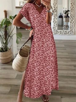 Women's Casual Dress A Line Dress Floral Dress Floral Ditsy Floral Split Print V Neck Long Dress Maxi Dress Fashion Streetwear Outdoor Daily Short Sleeve Regular Fit Black White Burgundy Summer Spring