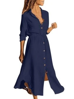 Women's Casual Dress Plain Dress Spring Dress Midi Dress Button Split Daily Date Going Out Fashion Elegant Shirt Collar Long Sleeve 2023 Loose Fit Black White Wine Color S M L XL XXL Size -Casual Print Dress Sales ncnaxw1692616259799