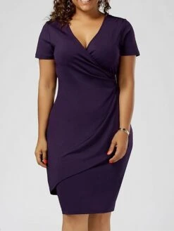 Women‘s Plus Size Curve Work Dress Solid Color V Neck Ruched Short Sleeve Summer Spring Work Knee Length Dress Work Vacation Dress