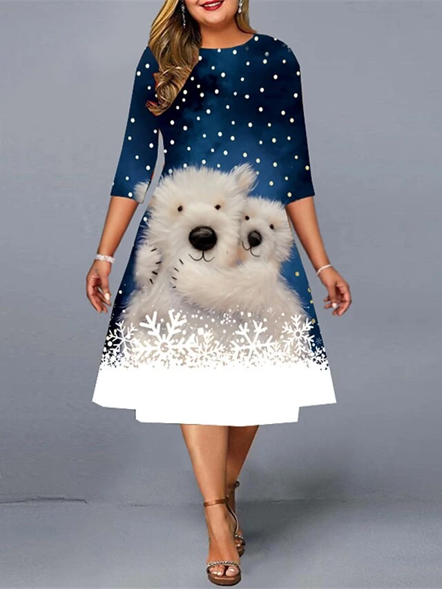 Women‘s Christmas Plus Size Work Dress Animal Crew Neck Print 3/4 Length Sleeve Fall Spring Elegant Midi Dress Work Going Out Dress 3 Women‘s Christmas Plus Size Work Dress Animal Crew Neck Print 3/4 Length Sleeve Fall Spring Elegant Midi Dress Work Going Out Dress - Image 3