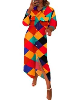 Women's Shirt Dress Casual Dress Maxi Long Dress Outdoor Daily Polyester Fashion Modern Shirt Collar Button Pocket Long Sleeve Summer Spring Fall 2023 Loose Fit Red Blue Geometric Color Block S M L -Casual Print Dress Sales ndikob1689737029305