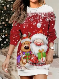 Women's Christmas Casual Dress Sweatshirt Dress Mini Dress Warm Fashion OutdoorVacation Crew Neck Print Santa Claus Snowman Loose Fit White Red Burgundy S M L XL XXL