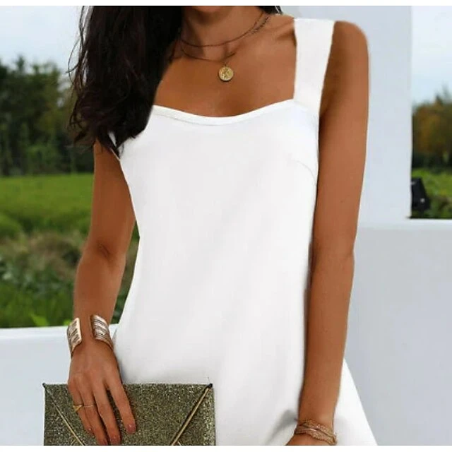 Women's Sheath Dress Mini Dress White Sleeveless Pure Color Cold Shoulder Summer Spring Square Neck Stylish 2023 S M L XL XXL 3XL 2 Women's Sheath Dress Mini Dress White Sleeveless Pure Color Cold Shoulder Summer Spring Square Neck Stylish 2023 S M L XL XXL 3XL - Image 2