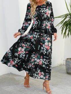 Women's Casual Dress Swing Dress A Line Dress Floral Print Crew Neck Long Dress Maxi Dress Fashion Modern Daily Holiday Long Sleeve Regular Fit Black White Yellow Fall Winter S M L XL -Casual Print Dress Sales nedwsw1695036789566