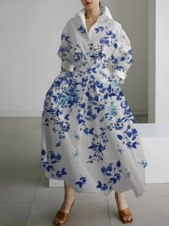 Women's Shirt Dress Casual Dress Swing Dress Maxi Long Dress Outdoor Office Daily Polyester Fashion Modern Shirt Collar Button Pocket Long Sleeve Fall Winter 2023 Loose Fit White Yellow Royal Blue