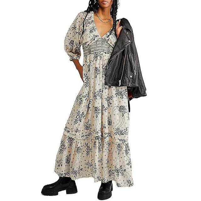 Women's Casual Dress A Line Dress Print Dress Floral Ruched Print V Neck Long Dress Maxi Dress Active Fashion Outdoor Street 3/4 Length Sleeve Loose Fit Black White Blue Fall Winter S M L XL 6 Women's Casual Dress A Line Dress Print Dress Floral Ruched Print V Neck Long Dress Maxi Dress Active Fashion Outdoor Street 3/4 Length Sleeve Loose Fit Black White Blue Fall Winter S M L XL - Image 6