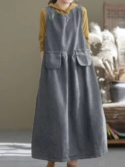 Women's Denim Dress Swing Dress Denim Overall Pinafore Dress Maxi Long Dress Cotton Denim Casual Daily Holiday Vacation Crew Neck Pocket Sleeveless Summer Spring 2023 Loose Fit Black Blue Pure Color -Casual Print Dress Sales nfbkjn1683095216752