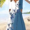 Women's Casual Dress Summer Dress Print Dress Floral Ombre Button Pocket V Neck Midi Dress Active Fashion Outdoor Daily 3/4 Length Sleeve Regular Fit Blue Summer Spring S M L XL XXL