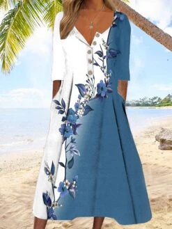 Women's Casual Dress Summer Dress Print Dress Floral Ombre Button Pocket V Neck Midi Dress Active Fashion Outdoor Daily 3/4 Length Sleeve Regular Fit Blue Summer Spring S M L XL XXL
