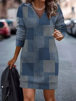 Women's Casual Dress Sweatshirt Dress Mini Dress Fashion Daily Outdoor Vacation Going Out V Neck Print Geometric Loose Fit Blue S M L XL XXL