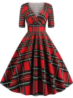 Women's Christmas Swing Dress Midi Dress Black Blue Red Short Sleeve Plaid Print Winter Fall Autumn V Neck 2022 S M L XL 2XL
