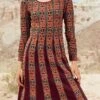 Women's Casual Dress Ethnic Dress Print Dress Geometric Tribal Print V Neck Mini Dress Vintage Ethnic Outdoor Daily Long Sleeve Loose Fit Wine Spring Fall S M L XL XXL