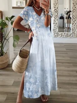 Women's Casual Dress A Line Dress Floral Dress Floral Split Print V Neck Long Dress Maxi Dress Fashion Streetwear Outdoor Daily Short Sleeve Regular Fit Blue Purple Green Summer Spring S M L XL XXL