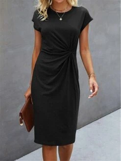 Women's Casual Dress Sheath Dress Summer Dress Midi Dress Knot Front Daily Date Going Out Fashion Basic Crew Neck Short Sleeve 2023 Regular Fit Black Green Gray Color S M L XL XXL Size
