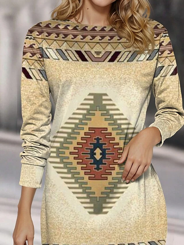 Women's Casual Dress Sweatshirt Dress Mini Dress Warm Daily Outdoor Vacation Going Out Crew Neck Print Geometric Regular Fit Khaki S M L XL XXL 2 Women's Casual Dress Sweatshirt Dress Mini Dress Warm Daily Outdoor Vacation Going Out Crew Neck Print Geometric Regular Fit Khaki S M L XL XXL - Image 2