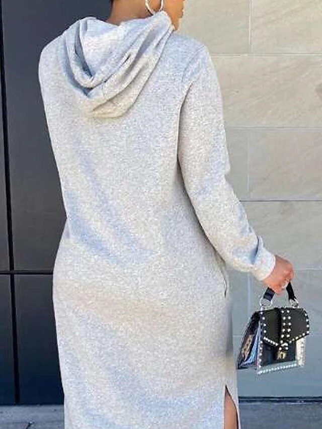 Women's Casual Dress Hoodie Dress Shift Dress Midi Dress Split Daily Date Vacation Active Fashion Hooded Long Sleeve 2023 Loose Fit Gray Color S M L XL Size 3 Women's Casual Dress Hoodie Dress Shift Dress Midi Dress Split Daily Date Vacation Active Fashion Hooded Long Sleeve 2023 Loose Fit Gray Color S M L XL Size - Image 3