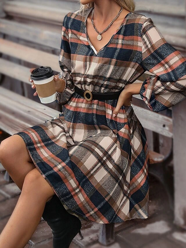 Women's Casual Dress Print Dress Spring Dress Plaid Lace Up Print V Neck Midi Dress Active Fashion Outdoor Street Long Sleeve Loose Fit Khaki Spring Fall S M L XL 2 Women's Casual Dress Print Dress Spring Dress Plaid Lace Up Print V Neck Midi Dress Active Fashion Outdoor Street Long Sleeve Loose Fit Khaki Spring Fall S M L XL - Image 2