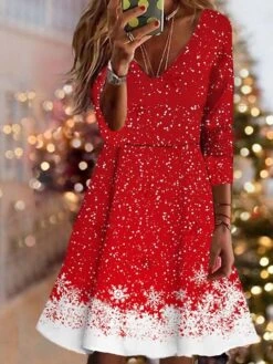 Women's Christmas Swing Dress Vintage Dress Mini Dress Wine Light Red Dark Blue Long Sleeve Deer Patchwork Winter Fall Autumn V Neck Vacation 2022 S M L XL XXL 3XL 4XL 5XL 6XL -Casual Print Dress Sales nictbb1667904077782