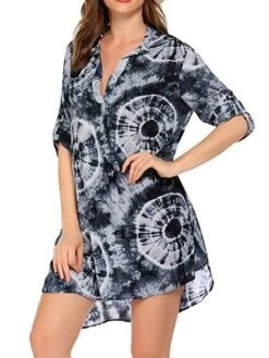 Women's Shirt Dress Beach Dress Beach Wear Mini Dress Button Plus High Low Casual Leopard Turndown 3/4 Length Sleeve Loose Fit Outdoor Daily Azure Black 2023 Spring Summer S M L XL -Casual Print Dress Sales nijzex1676892552871